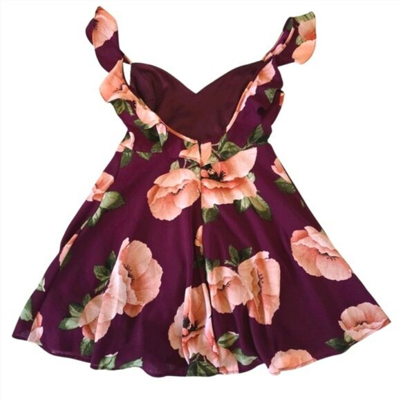 Lulus Women's Floral Ruffle Strap Fit & Flare Mini Formal Dress Burgundy Medium - Picture 4 of 16